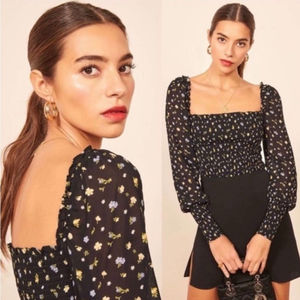 💟 REFORMATION Black Floral Print Square Neckline Smocked Pinto Top Size XS